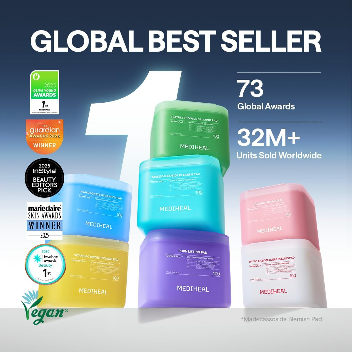 Toner Pads 100 Count - Madecassoside Blemish Care Toner Pad with Centella Asiatica - Improves Uneven Skin Tone & Deep Hydration - Vegan Hypoallergenic Face Gauze, Korean Skin Care